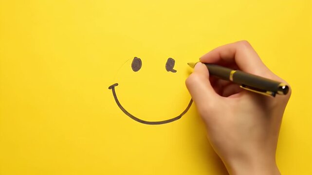 Close Up Of Hand Drawing Smiley Face on Bright Yellow Paper with Black Pen Symbolizing Happiness Positivity and Optimism Optimistic Concept