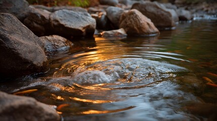 Obraz premium Serene brook flowing over rocks during golden hour with tiny orange fish swimming in clear warm lit water