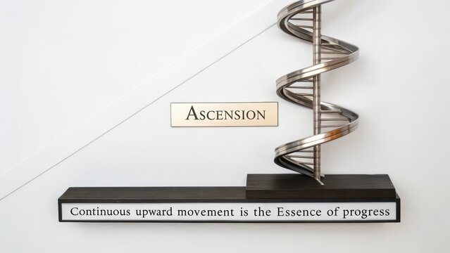 A stylized metallic helix structure representing ascension on a clean background with inspirational text