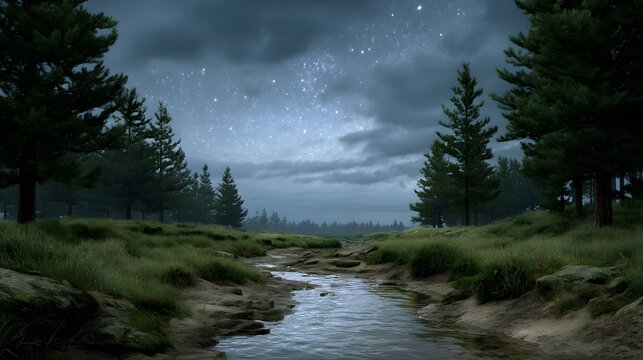 A serene forest stream flows under a dramatic starlit cloudy night sky evoking a sense of wilderness