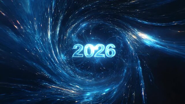 Futuristic 2026 time vortex with swirling blue cosmic patterns in space