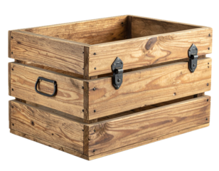 Vintage wooden crate with metal latches isolated on transparent background