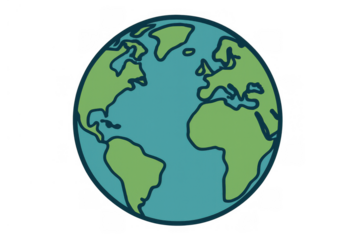 Cartoon earth global map showing continents, world planet illustration, environmental ecology concepts on transparent background