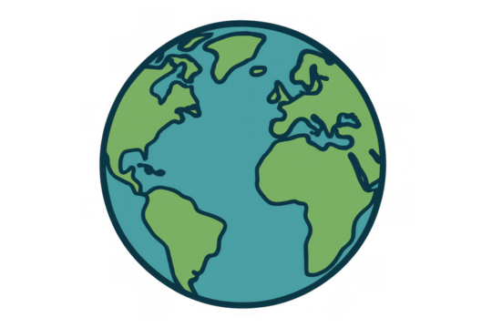 Cartoon earth global map showing continents, world planet illustration, environmental ecology concepts on transparent background