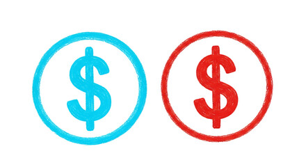 Obraz premium Two Hand Drawn Dollar Signs One Blue One Red, isolated on a transparent background, cutout, PNG