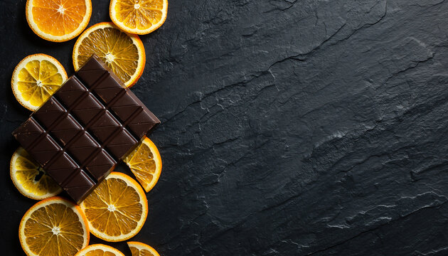 Dark chocolate bar with dried orange slices on slate background
