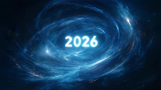 Galactic vortex with 2026 in luminous blue swirls