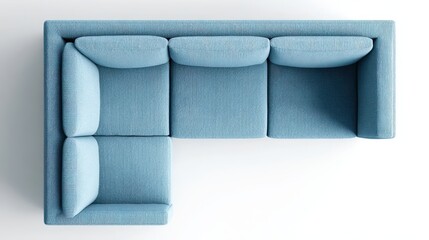 Blue l shaped sectional sofa providing comfortable seating with a modern minimalist design, captured from a top down perspective against a clean white background