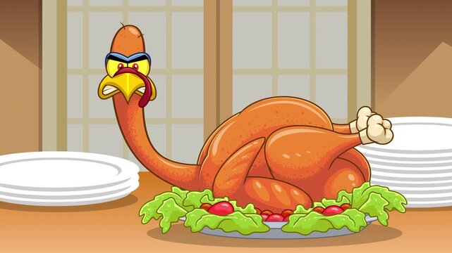 Funny Thanksgiving Greeting With Turkey Cartoon Character From Dinner Plate - 4K Animation Video Motion Graphics With Background And Text