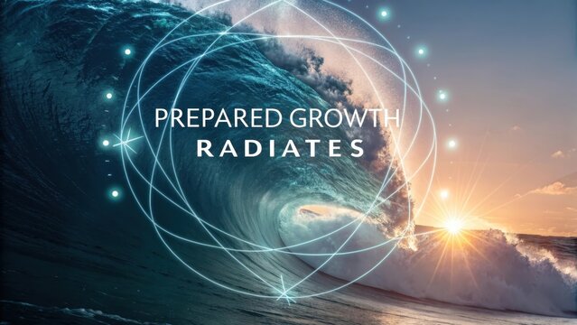 Abstract glowing circular wave expanding outward with motivational text on a dynamic ocean backdrop - Powered by Adobe