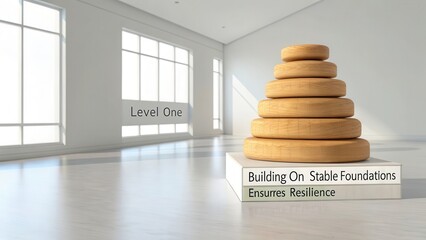 A wooden stacking toy with graduating rings stands on a solid base in a brightly lit modern room