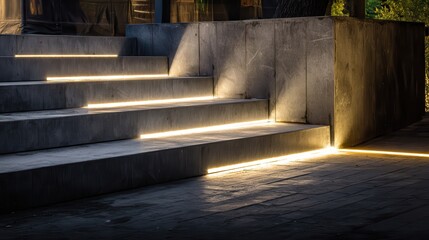 Modern concrete stairs illuminated with warm led strip lighting at night, creating a guiding path and inviting ambient light in contemporary outdoor architecture