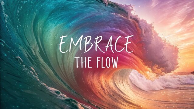 An abstract depiction of a vibrant, swirling ocean wave with the words Embrace The Flow, representing freedom and movement.