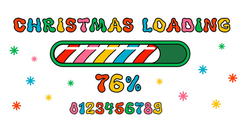 Christmas groovy loading bar with colorful candy stripe progress and bold retro letters. Festive countdown design for playful xmas banners, holiday UI screens, and cheerful vector projects