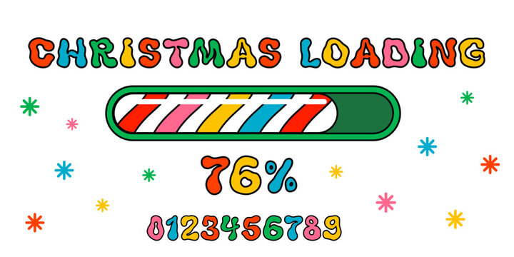 Christmas groovy loading bar with colorful candy stripe progress and bold retro letters. Festive countdown design for playful xmas banners, holiday UI screens, and cheerful vector projects