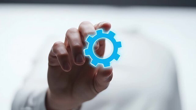 Human Hand Interacting With a Glowing Blue Gear Against a Bright White Background Emphasizing Technology Innovation and Mechanization Concept for Adobe Stock Photos