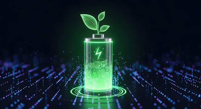 Green energy and sustainable battery storage technology. Clean power solution and environmental innovation. Glowing battery with a circuit board and plant growing on a tech platform.