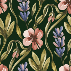 Seamless floral pattern design, watercolor background, tiles art