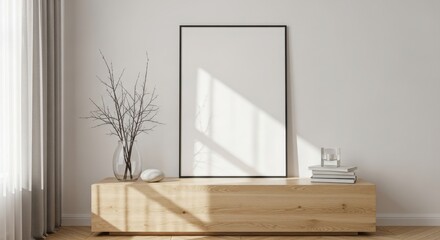 Minimalist interior scene with framed artwork and sunlight streaming through curtains