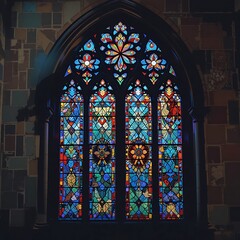 Ornate gothic stained glass window illuminating a church interior