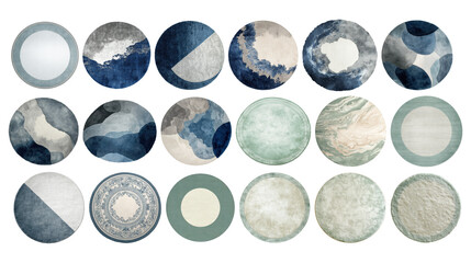 Collection of round abstract carpets and trendy rugs in varying shapes, displaying modern design elements and elegant patterns with a transparent background, png