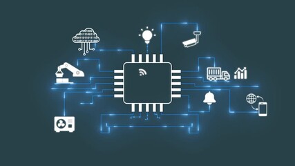 Central processor chip connecting smart home devices industrial automation security surveillance logistics and data analysis with glowing blue lines on dark background digital network concept - Powered by Adobe