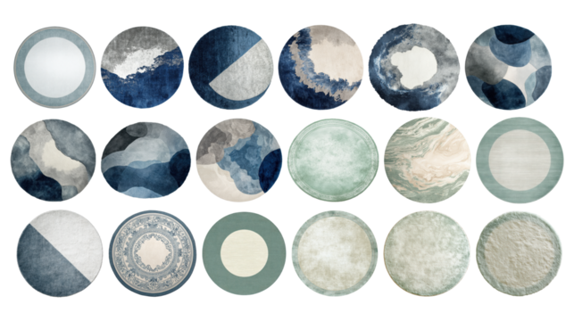 Collection of round abstract carpets and trendy rugs in varying shapes, displaying modern design elements and elegant patterns with a transparent background, png