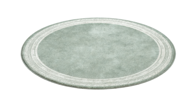 Oval area rug in sage green color with subtle texture and white border, creating a soft accent for contemporary home interiors, isolated with a transparent background, png