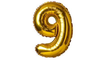 A shiny golden balloon shaped like the number 9 isolated on a white background, perfect for birthdays, celebrations, or party-themed designs