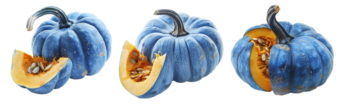 Connecticut pumpkin with green stem and cut slice isolated on white transparent background, great for autumn themes and decorations