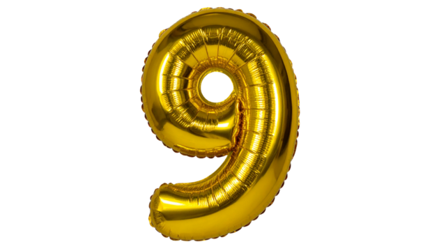A shiny golden balloon shaped like the number 9 isolated on a white background, perfect for birthdays, celebrations, or party-themed designs