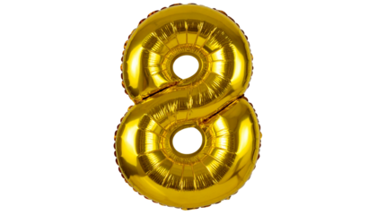 A golden number 8 balloon isolated on a white background, perfect for parties, anniversaries, and celebration designs.