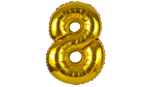A golden number 8 balloon isolated on a white background, perfect for parties, anniversaries, and celebration designs.