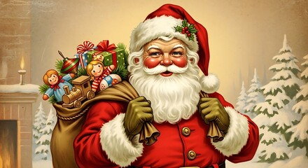 Vintage illustration of santa claus with a sack full of toys and gifts on a snowy christmas eve