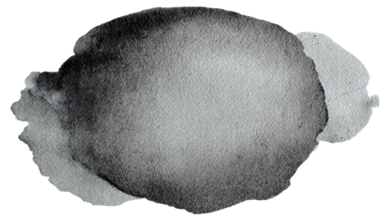Black and gray watercolor paint creating an abstract stain texture element, showing fluid pigment bleeding on paper, usable as a distressed backdrop with transparent background, png