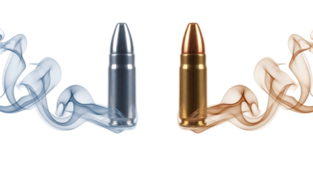 Two bullets with contrasting smoke effects on a, isolated on a transparent background, cutout, PNG