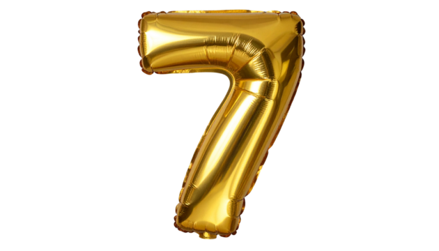 A shiny golden number 7 balloon isolated on a white background, perfect for birthdays, parties, and celebration graphics.