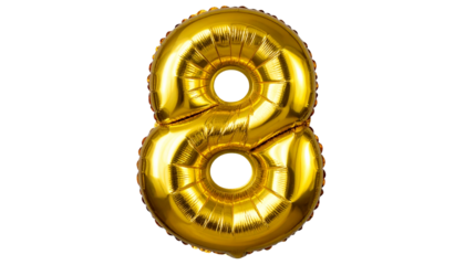 A golden number 8 balloon isolated on a white background, perfect for parties, anniversaries, and celebration designs.