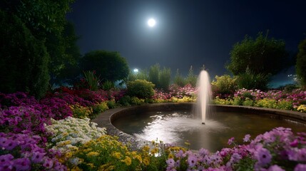 Moonlit garden with a central fountain surrounded by vibrant colorful flowers and lush greenery under the night sky