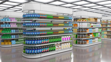 Supermarket interior mockup with rounded white gondola display racks of goods. 3d illustration