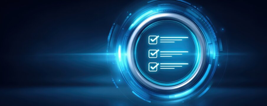 AI Governance Framework Concept. A futuristic interface featuring a checklist with glowing elements, symbolizing tasks or goals to be completed.