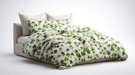 Bed featuring a duvet and pillows adorned with a festive shamrock pattern, symbolizing st. Patrick's day celebration, irish culture, luck, and springtime renewal
