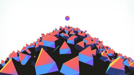 Vibrant pyramids create a modern geometric landscape with a floating sphere, perfect for innovative backgrounds and futuristic designs