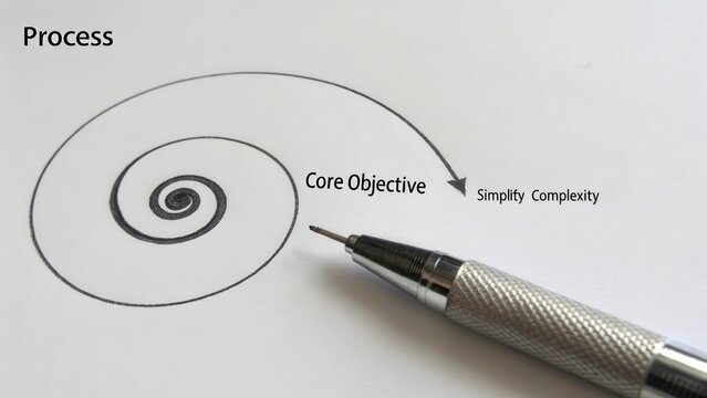 Precision pencil drawing a spiral pathway toward a core objective on white paper - Powered by Adobe