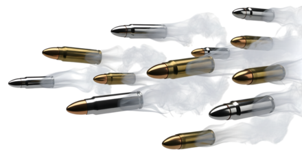 Multiple bullets in motion with white smoke trails, isolated on a transparent background, cutout, PNG