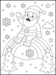 Happy Santa Claus sitting on a rainbow. Christmas coloring page for kids and adults. Bold and easy printable for children.