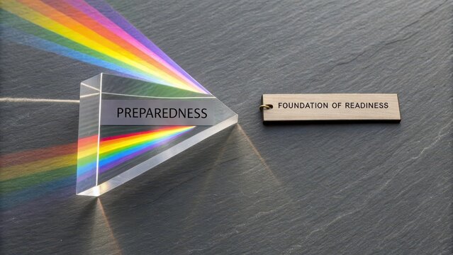 Segmented acrylic prism refracting white light into a vibrant rainbow spectrum, casting colorful light onto a stone surface with text labels