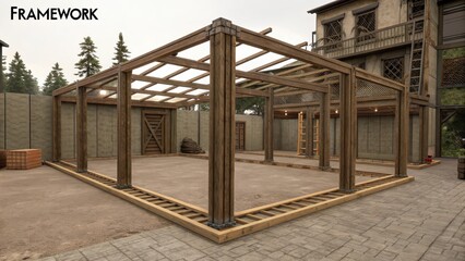 Unfinished Wooden Pergola Structure Undergoing Construction in an Outdoor Space
