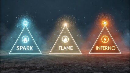 Three illuminated triangular energy nodes pulsating with elemental symbols, representing abstract concepts like flame and network.
