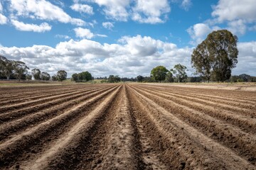 Expansive plowed field under a partly cloudy sky, with trees lining the horizon